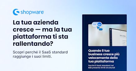 Banner Shopware con sfondo a sfumatura blu. A sinistra il testo “La tua azienda cresce — ma la tua piattaforma ti sta rallentando?” con un riferimento ai limiti del SaaS standard. A destra, una copertina stilizzata di whitepaper con parte di un’interfaccia software e un piccolo diagramma che confronta SaaS e PaaS, con “You” evidenziato.