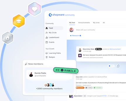 Screenshots from the Community Hub interface, including 3 badges and insights into the hub feed.