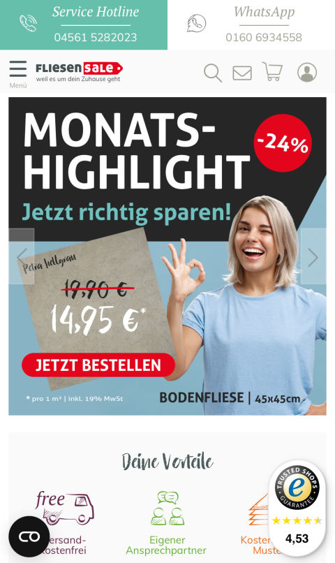 Mobile homepage of the Fliesen-sale online store. Text: "monats-highlight" "Jetzt richtig sparen!"