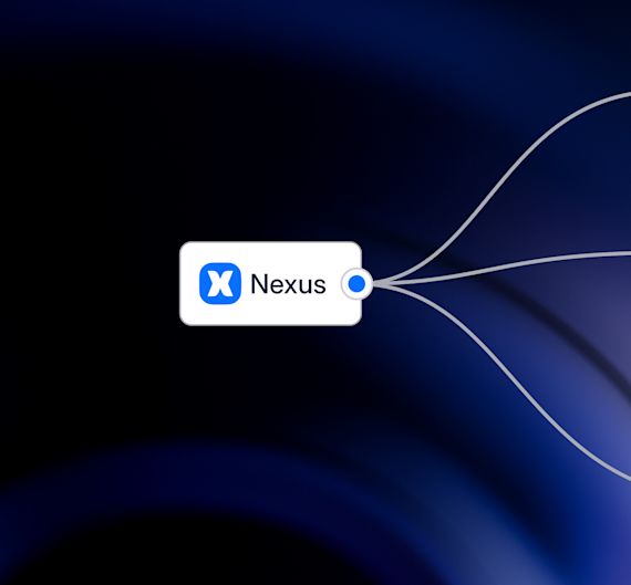 Blue background featuring a white box with the Nexus name and logo. Three lines extend from the box, representing connections to other systems or services.
