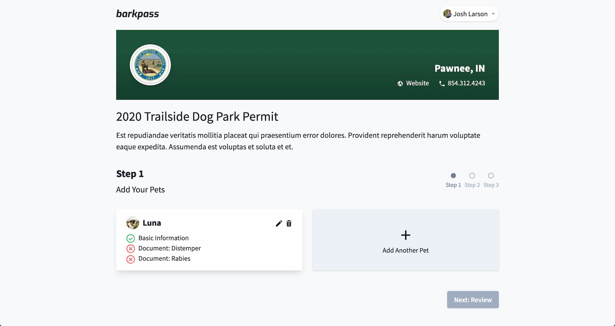 Permit application form in Barkpass