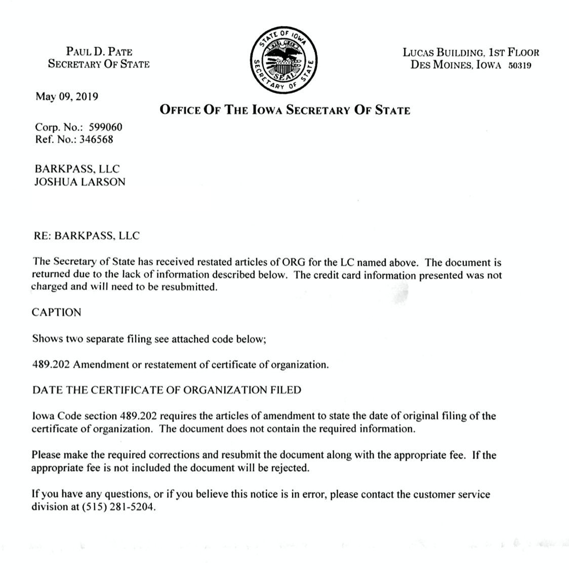 Secretary of State Rejection Letter