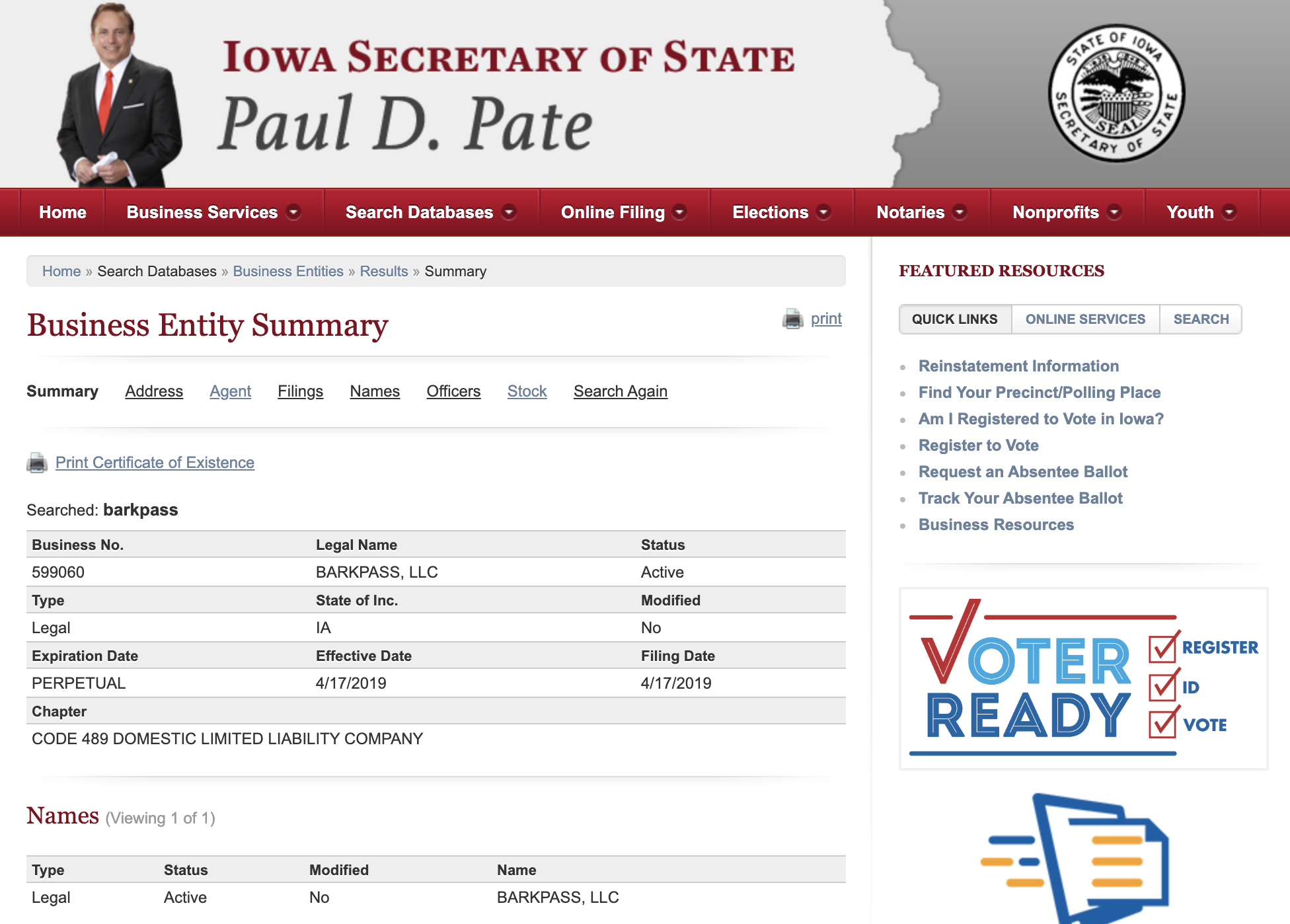 Barkpass filing on Iowa Secretary of State's website