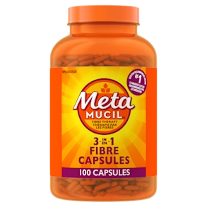 Orange bottle of Metamucil 3-in-1 fibre capsules containing 100 capsules, doctor recommended fiber supplement.