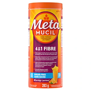 Container of Metamucil 4-in-1 Fibre supplement in orange flavor, sugar-free, 283g with 48 servings.