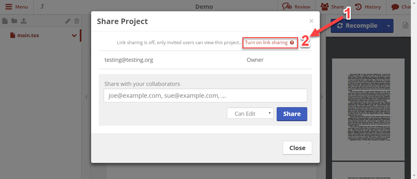 Choosing to enable link sharing on ShareLaTeX