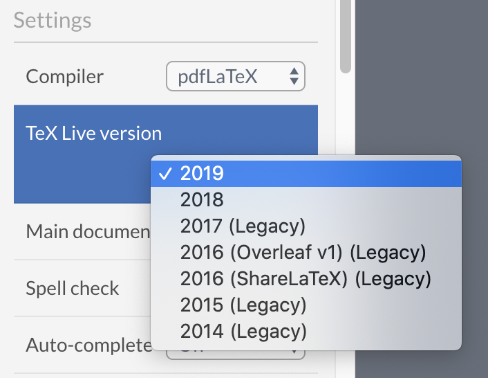 TeX Live Version Settings Within Overleaf Menu