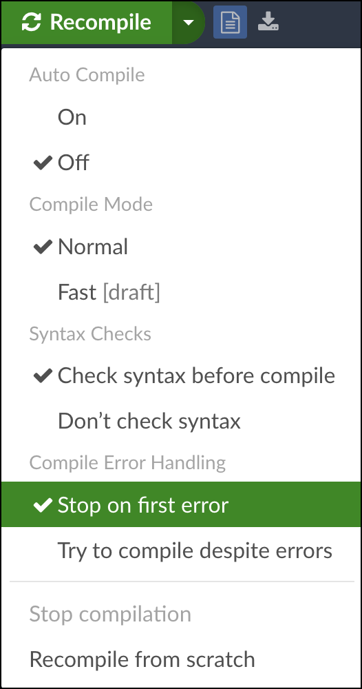Stop on first error, menu option