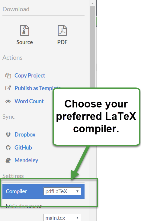 Image showing how to choose the LaTeX compiler on Overleaf