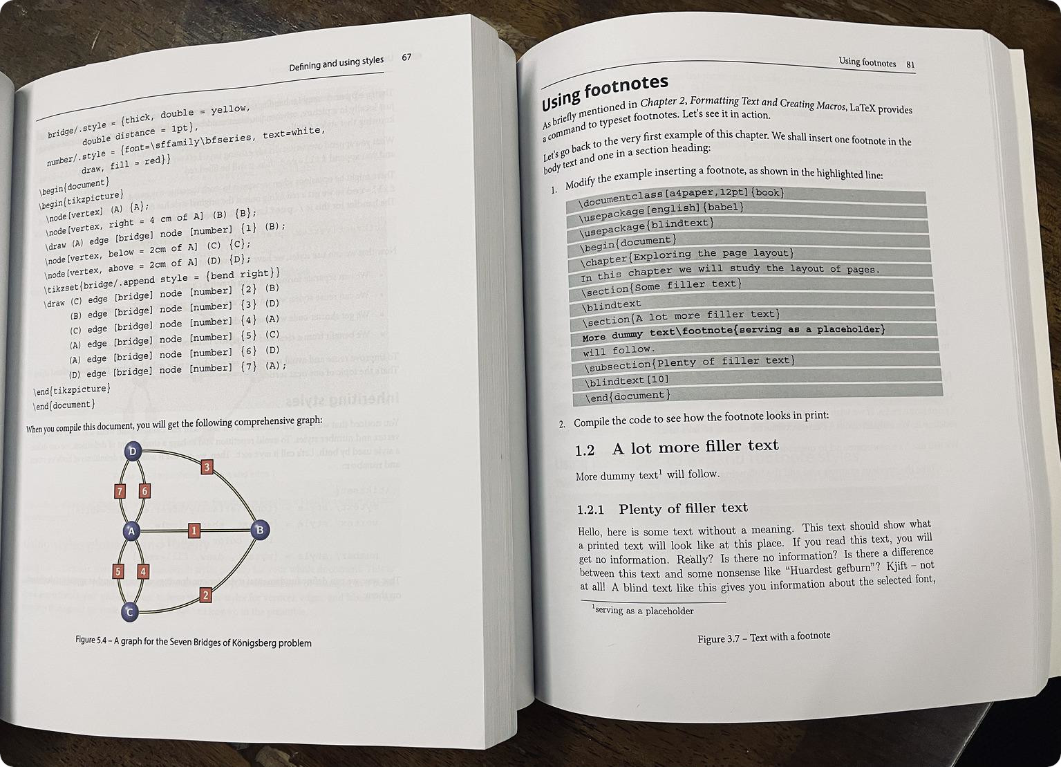 Photo comparing the code example blocks between LaTeX Beginner’s Guide and LaTeX Graphics with TikZ, both written by Stefan Kottwitz