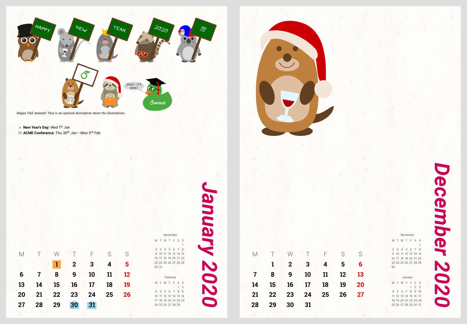 Tikzducks Customizable Calendar