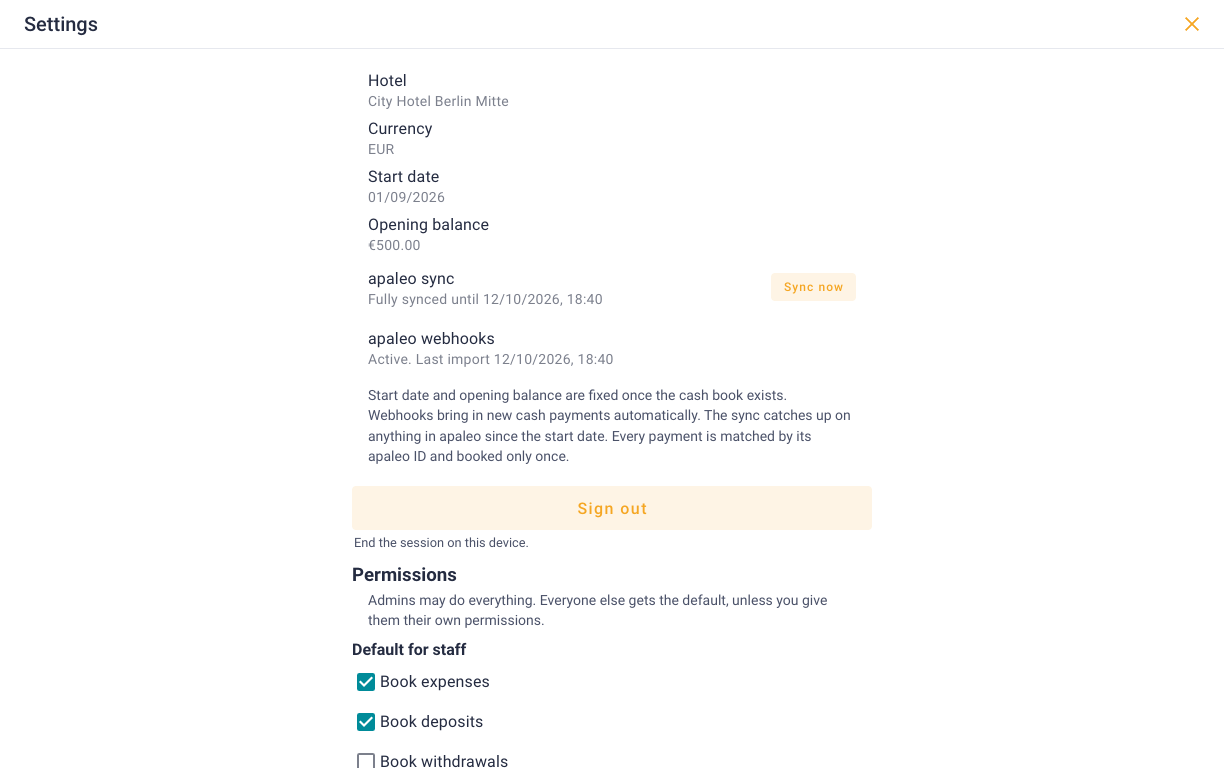 Settings: apaleo sync, webhooks and opening balance