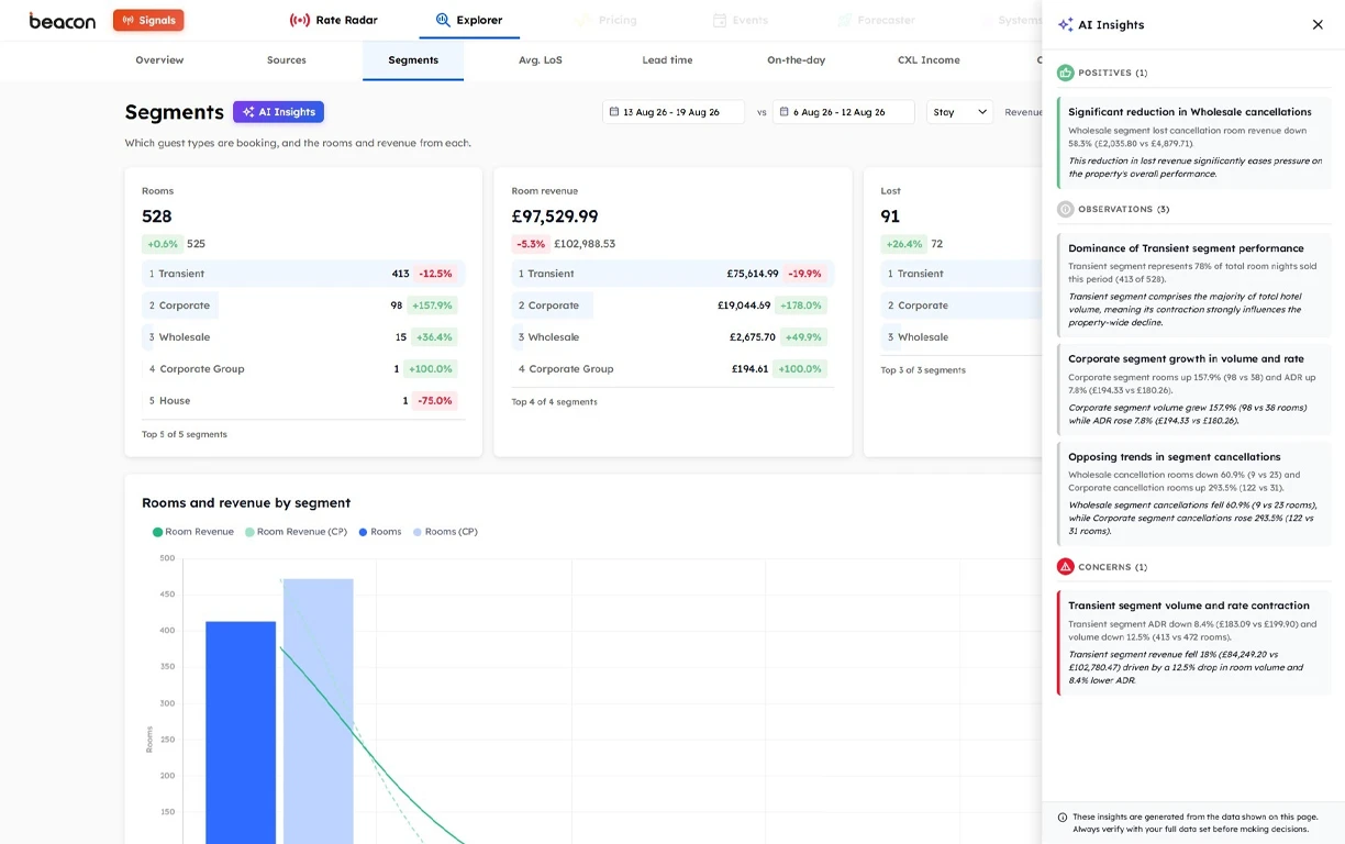 Segments with AI Insights: positives, observations, concerns