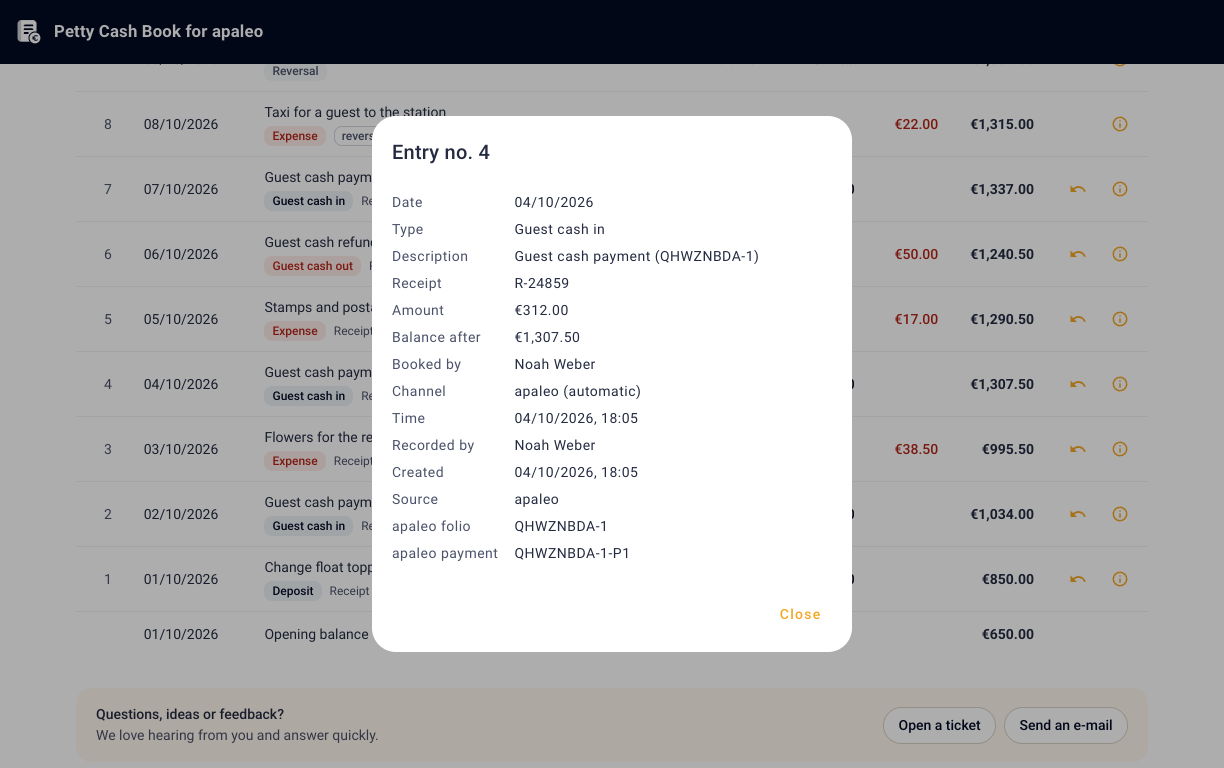 Entry details with apaleo folio and payment reference