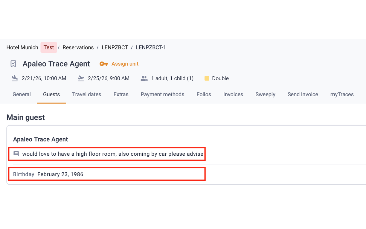 Guest details with relevant information for task creation