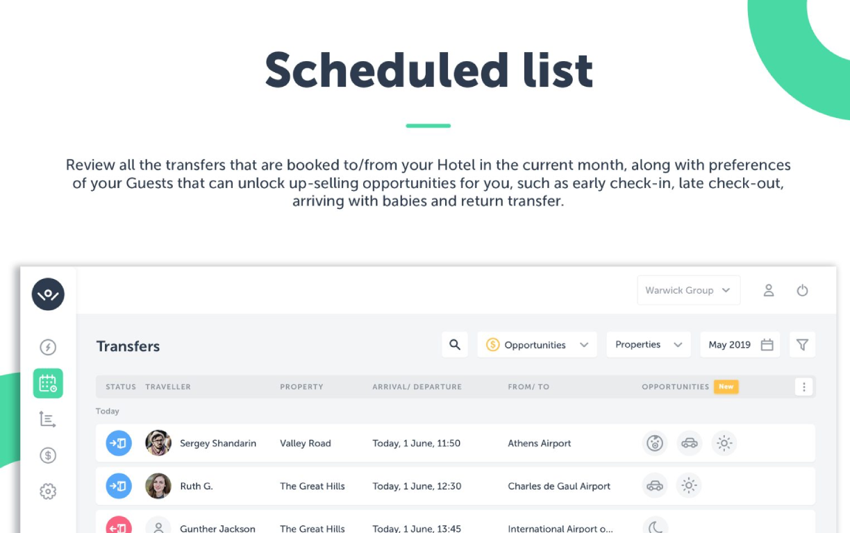 Hotels can see a list of their guest upcoming transfers.