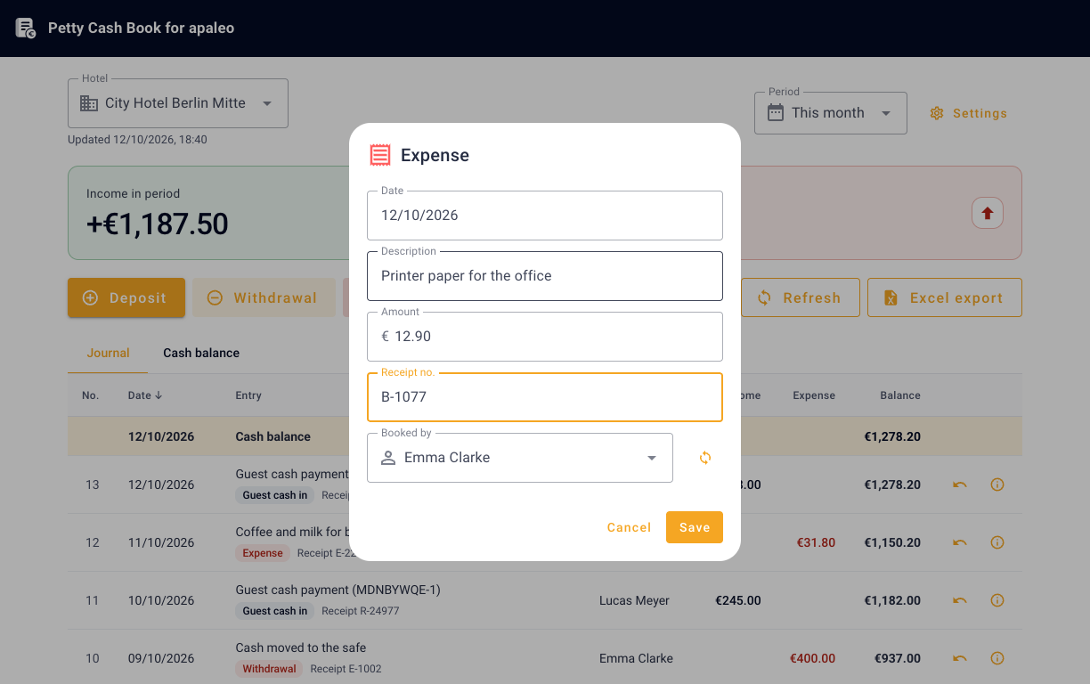 Book an expense with amount, receipt number and staff member