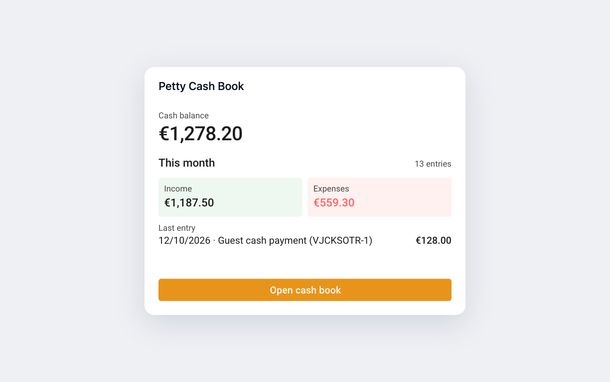 apaleo dashboard tile with cash balance and monthly totals