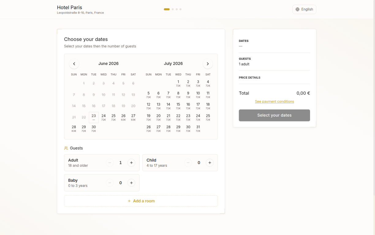 Booking funnel step 1: date and guest selection