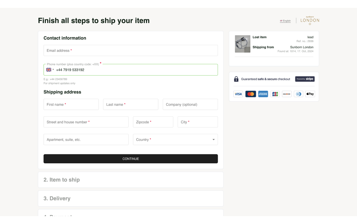 Faundit shipping form page requesting contact and shipping info