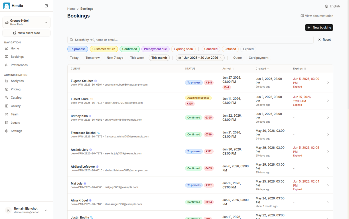 Bookings management list with reservation details