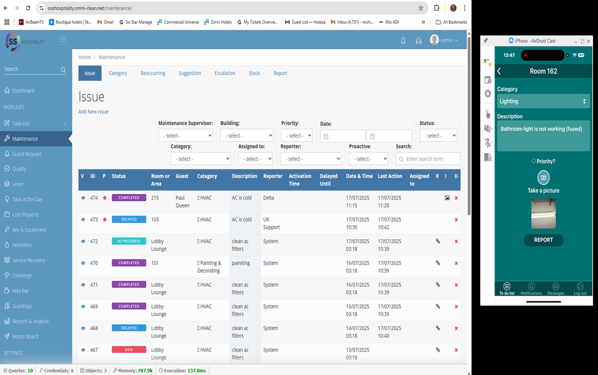Maintenance job on device with back end tab table of jobs status