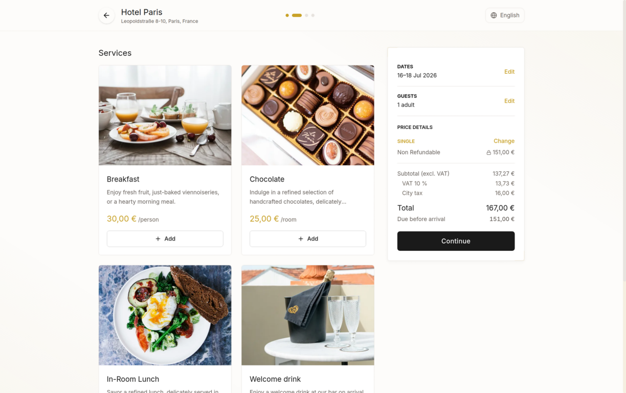 Add-on services and extras selection screen