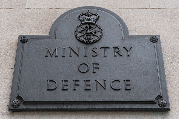 Ministry of Defence sign on the stone facade of the main building in London