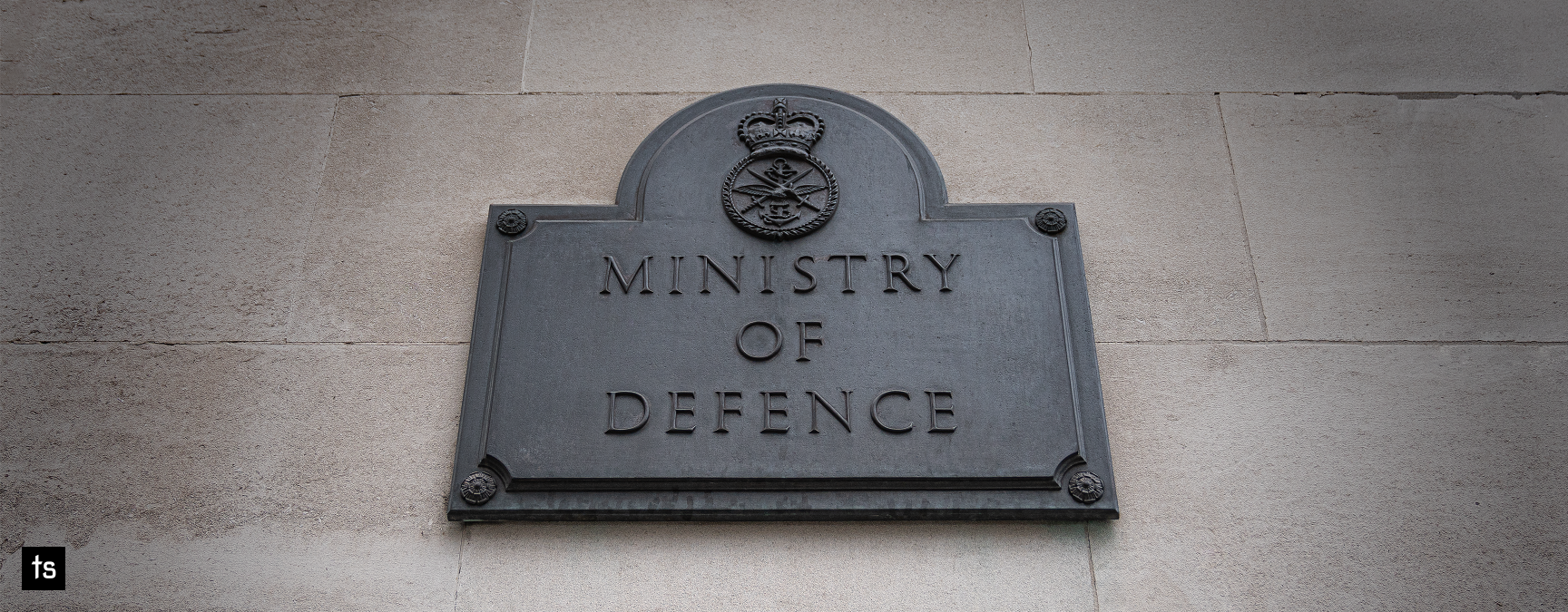 Ministry of Defence sign on the stone facade of the main building in London