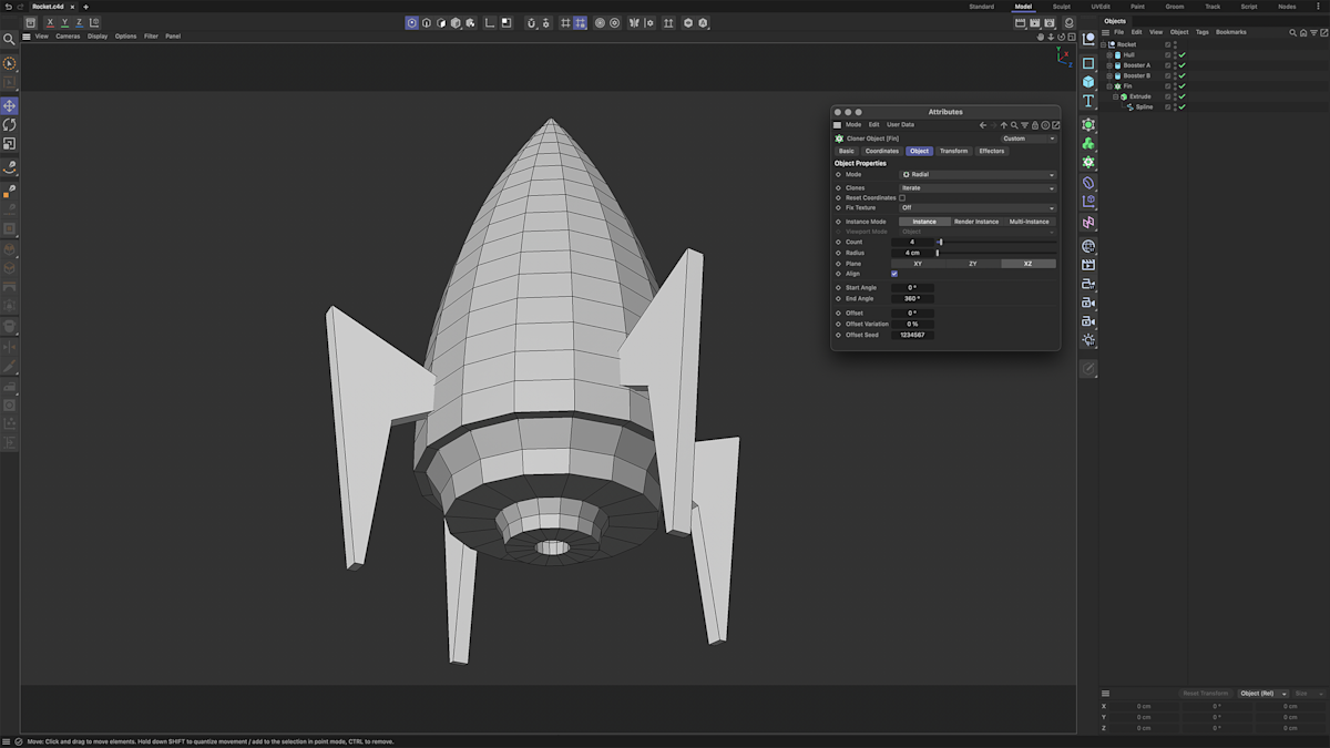 Fig. 4 - Rocket fin cloned four times using the cloner object