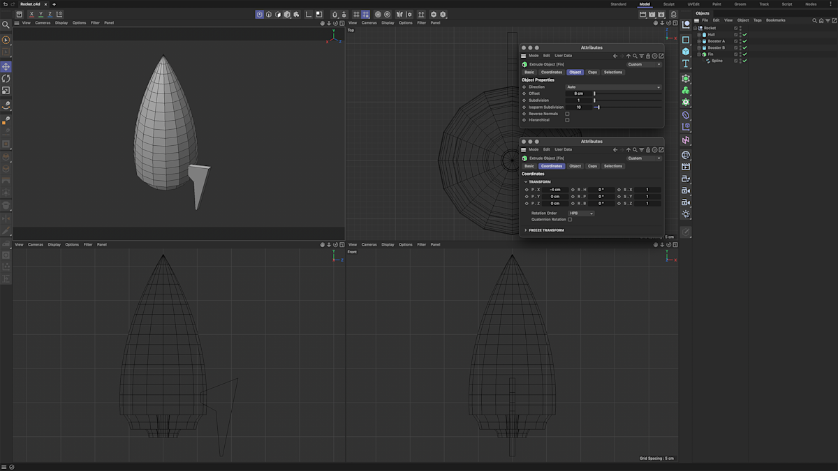 Fig. 3 - Rocket fin designed with a spline path and an extrude modifier applied