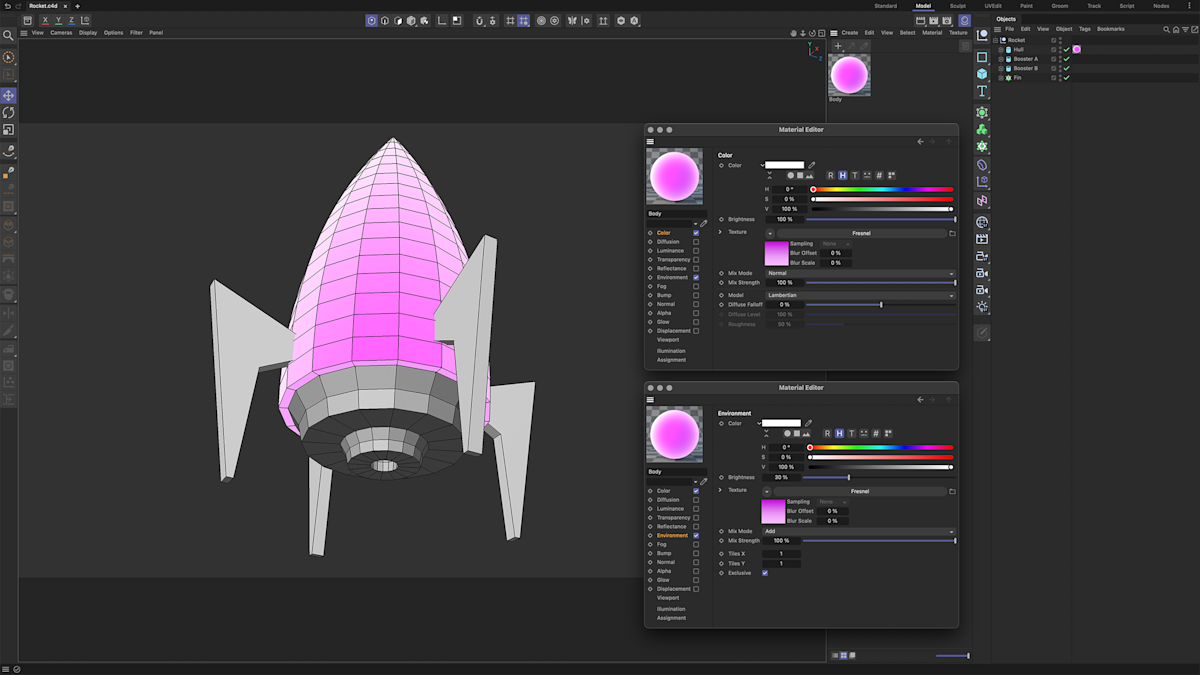 Fig. 5 - Rocket body material created with colour and environment properties, featuring a gradient Fresnel texture