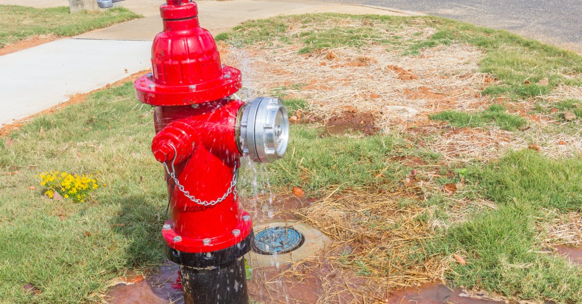 A red fire hydrant with a wrench on its top leaks water onto the ground, forming a puddle in the grass.