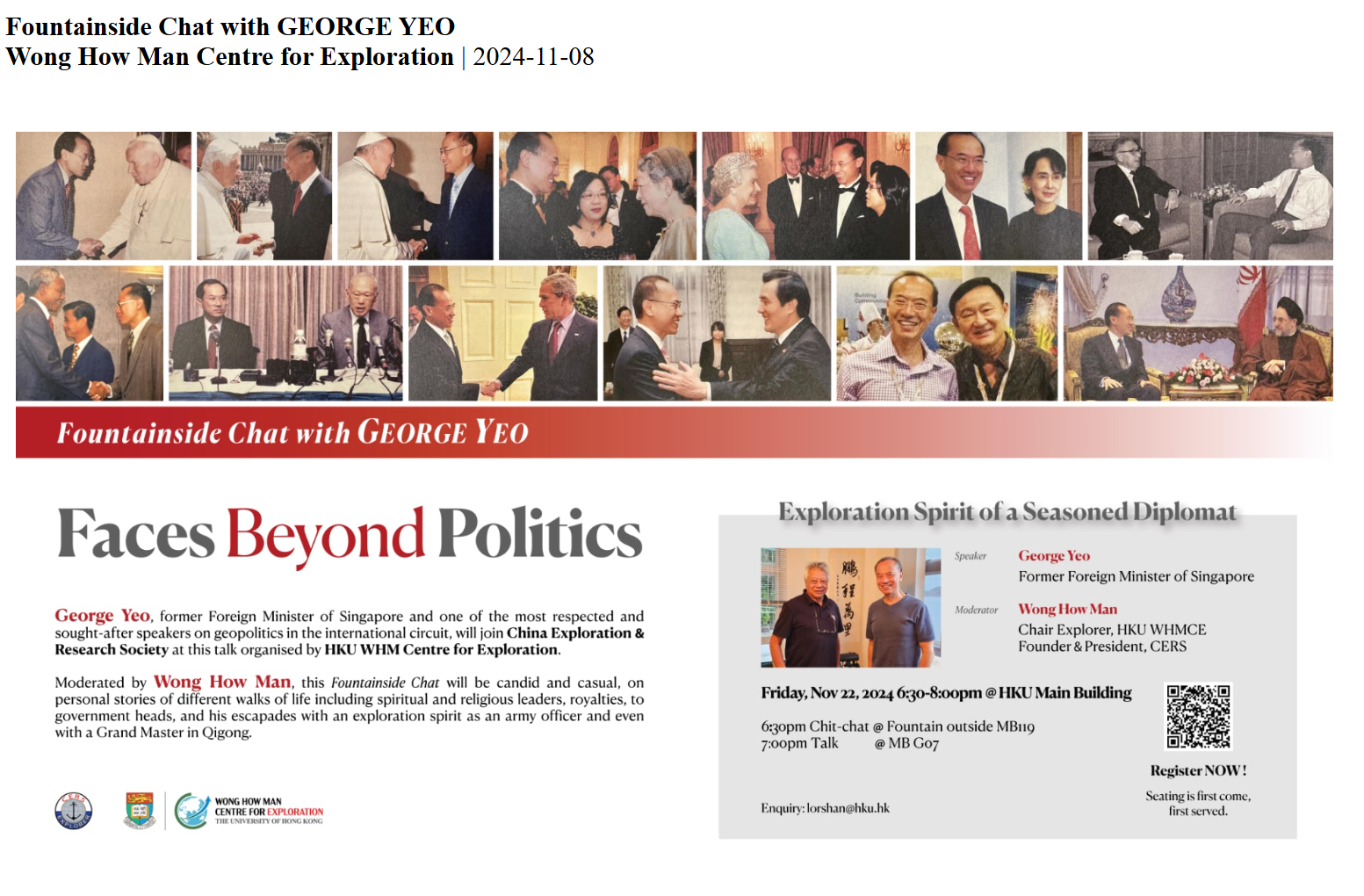 Faces Beyond Politics: Exploration Spirit of a Seasoned Diplomat