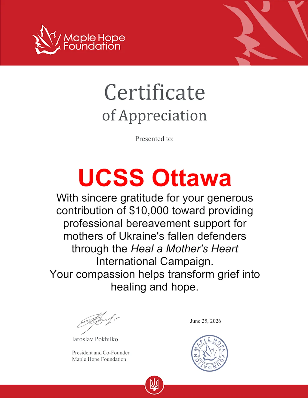 UCSS Ottawa Donates $10,000 to Support Mothers of Fallen Defenders