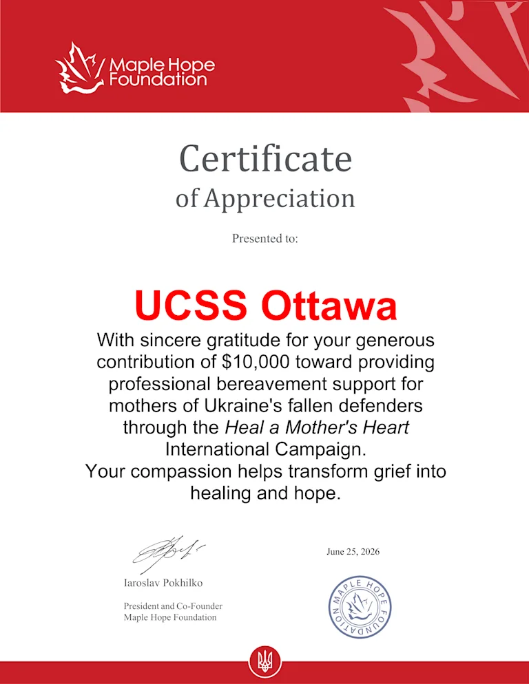 UCSS Ottawa Donates $10,000 to Support Mothers of Fallen Defenders