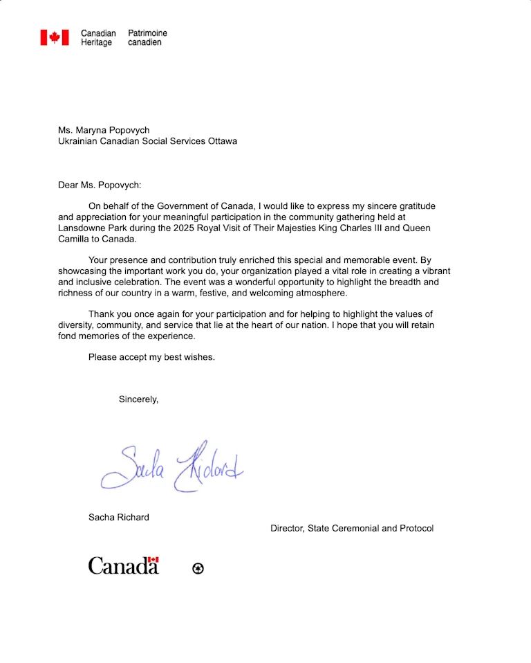 Gratitude to Ms. Maryna Popovych for Her Meaningful Role at the 2025 Royal Visit Event in Lansdowne Park