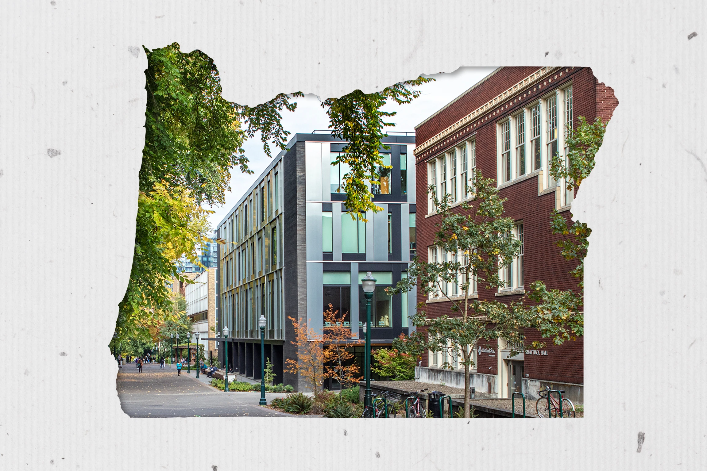 Portland State University campus buildings along a street in a cutout shape of the state of Oregon