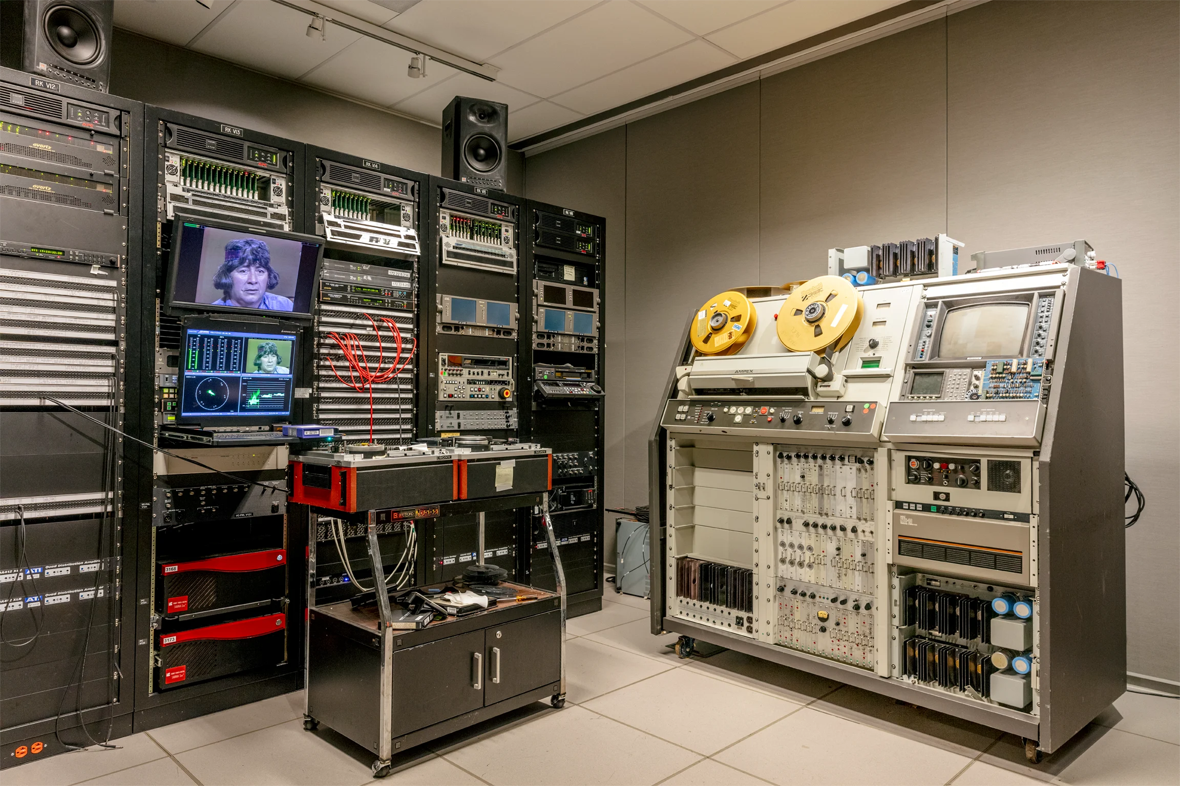 An interior room filled with audio and video equipment