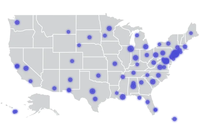 Map of the United States with purple dots highlighting certain areas