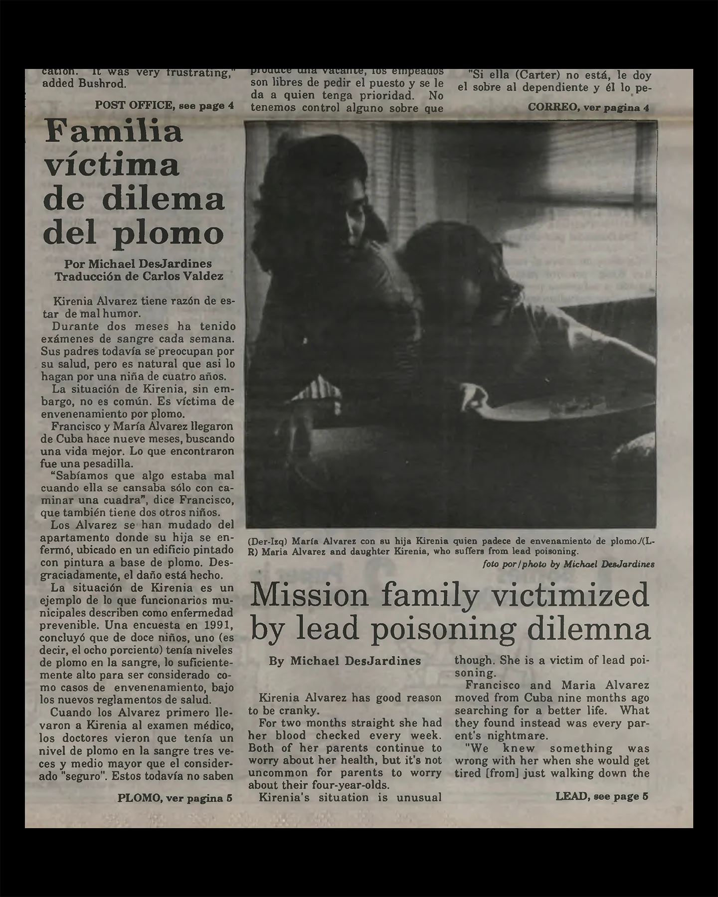 Bilingual newspaper article titled “Mission family victimized by lead poisoning dilemma,” featuring a black-and-white photograph of a mother and daughter affected by lead exposure.