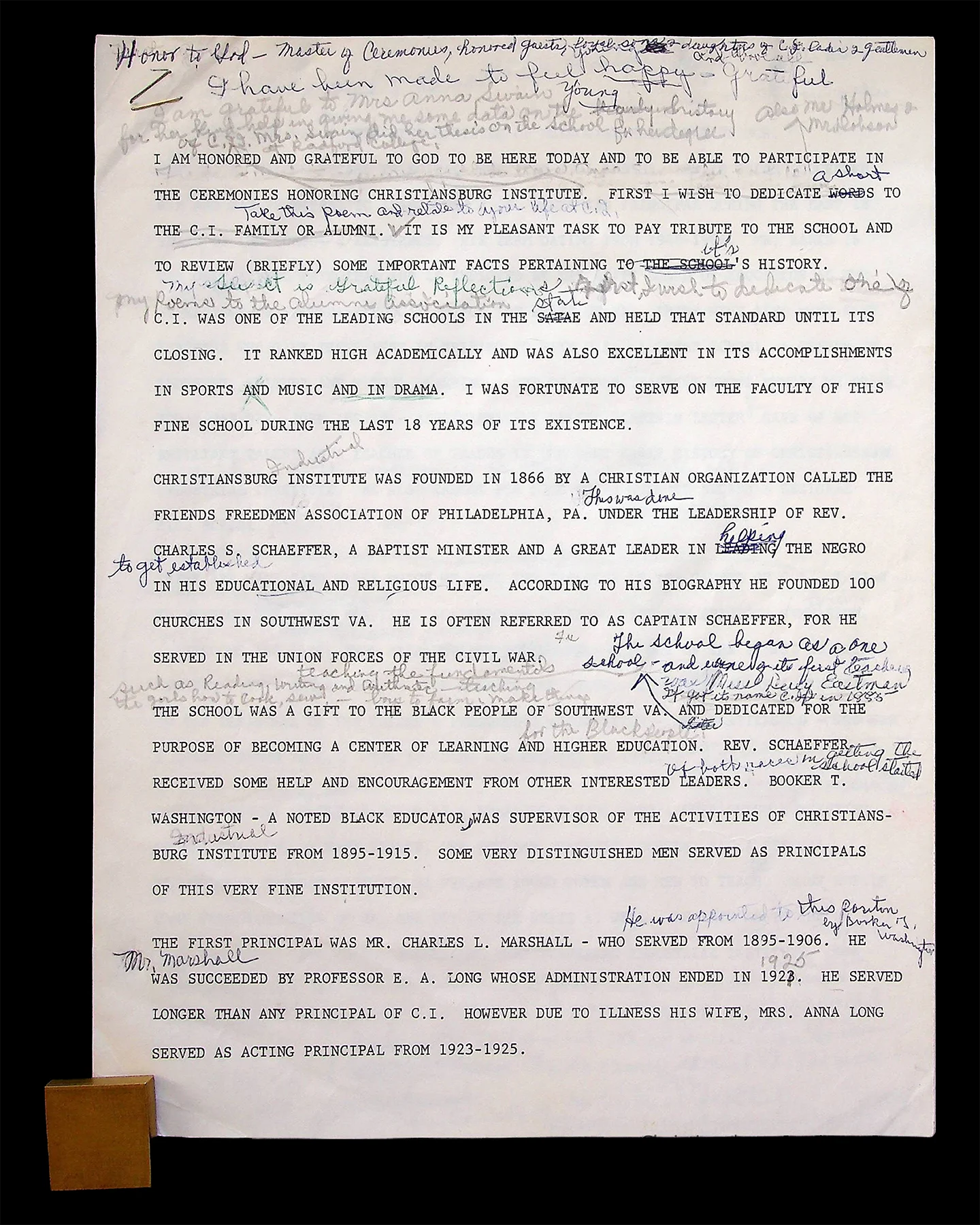 Typed historical speech draft about Christiansburg Institute, heavily marked with handwritten edits and notes in the margins and between lines.