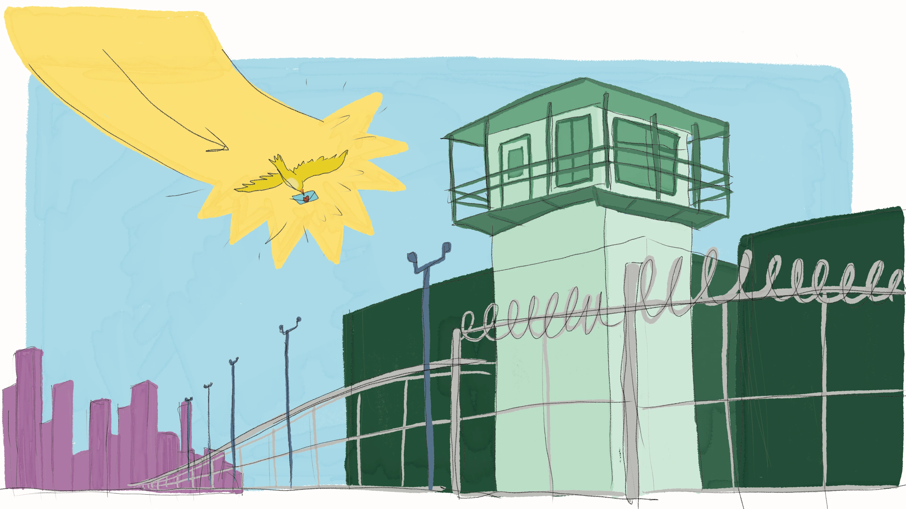 Colorful hand-drawn-style illustration of a prison. A bird is delivering a letter over the prison wall.
