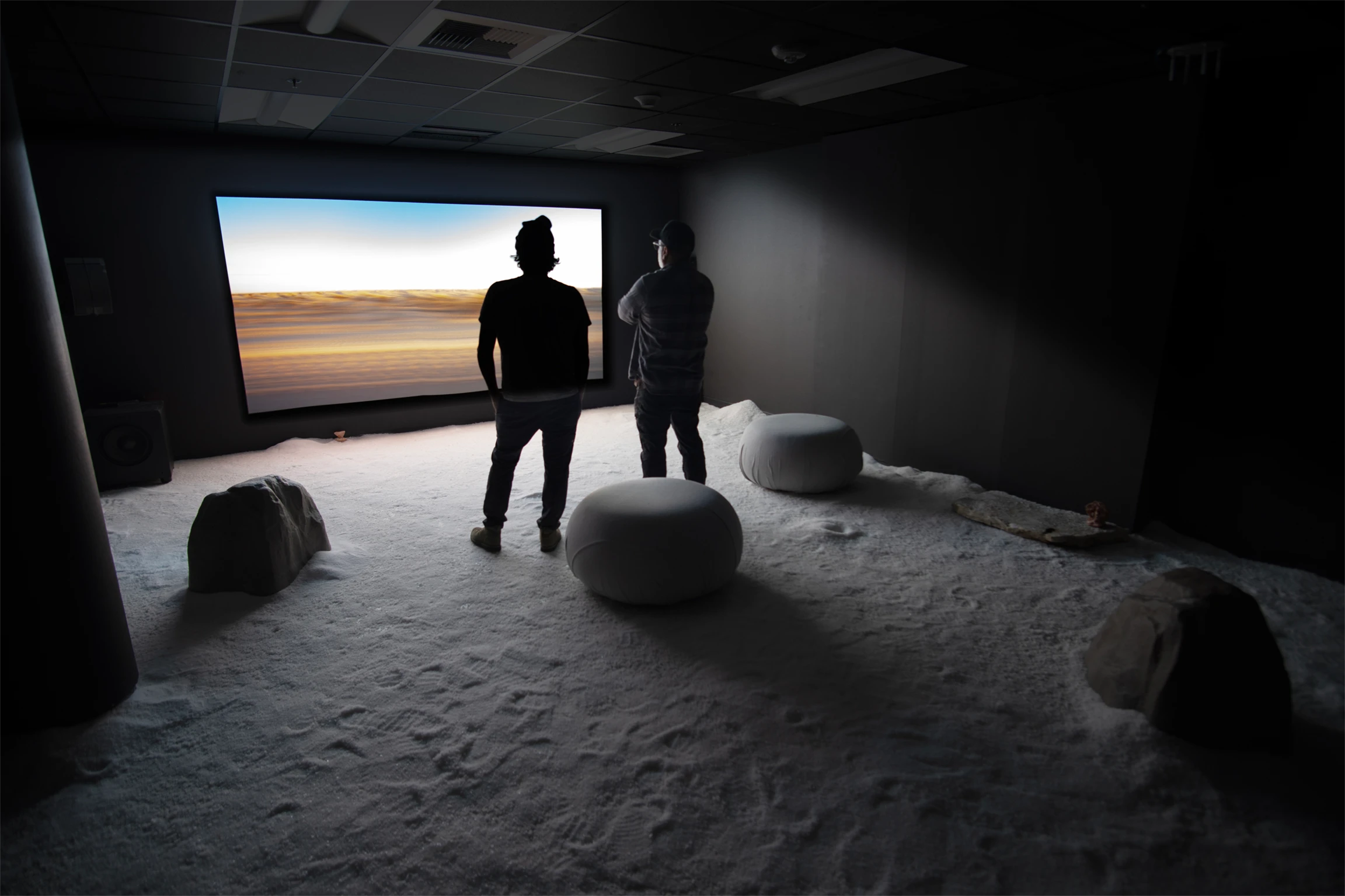 Two people stand in a room that is darkened but illuminated by a screen that shows a barren landscape