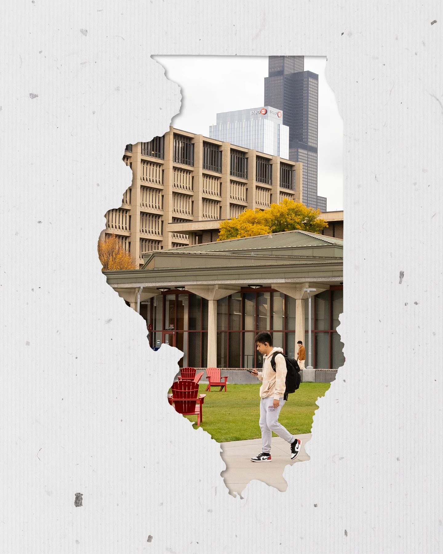 Students walking in front of buildings on the campus of The University of Illinois at Chicago in a image cutout in the shape of the state of Illinois