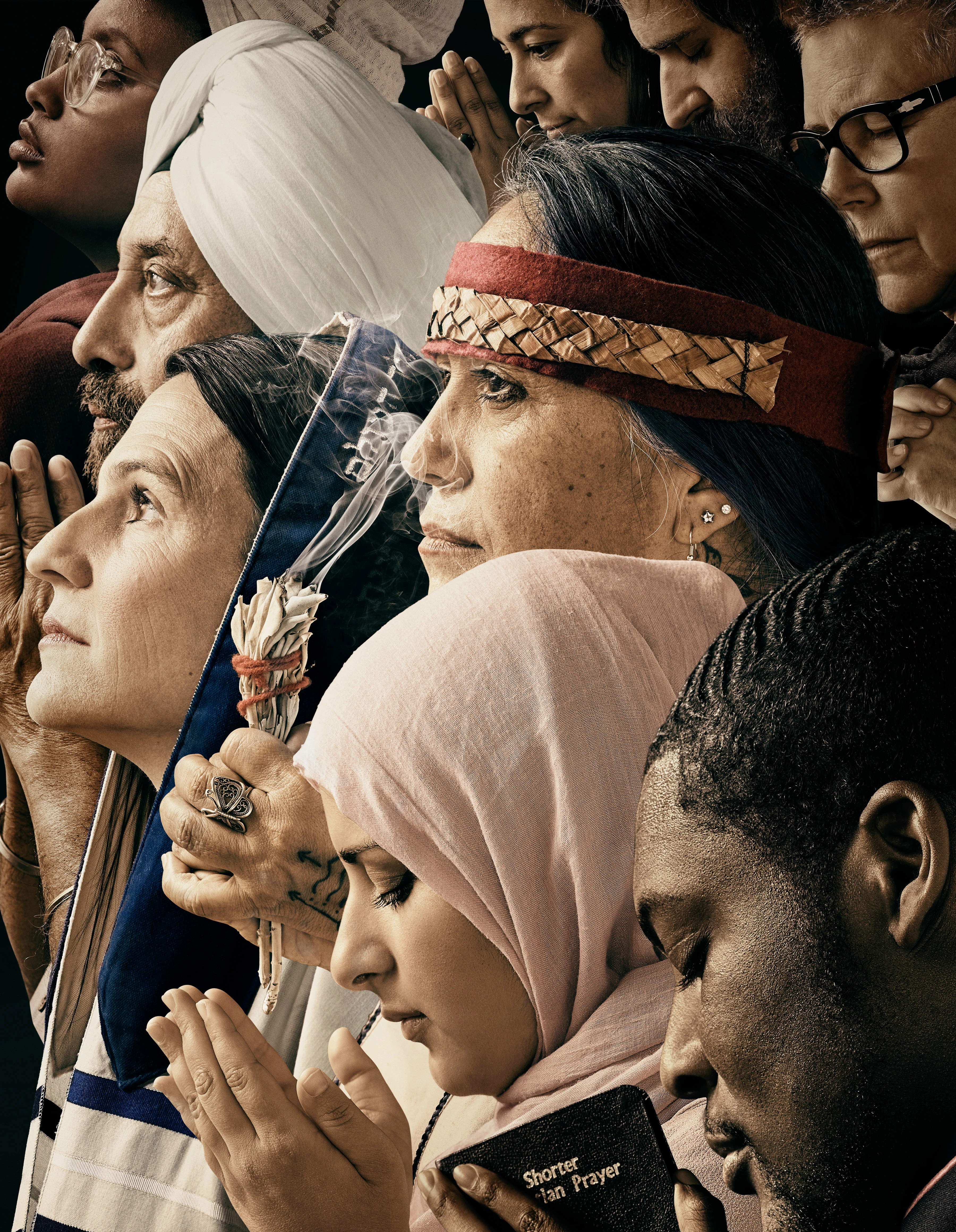 An artwork depicts the side of faces of people of different ethnic backgrounds, many wearing a range of scarves, turbans, and other culturally significant headpieces. 