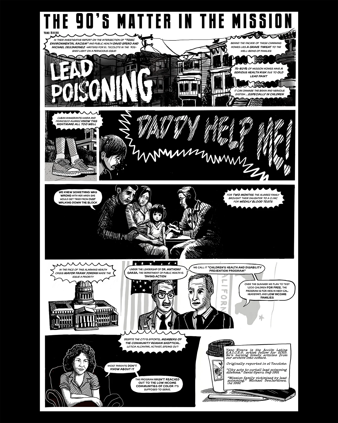 Black-and-white illustrated comic page titled “The 90’s Matter in the Mission: Lead Poisoning,” depicting the impact of lead exposure on families and public health responses in San Francisco’s Mission District.