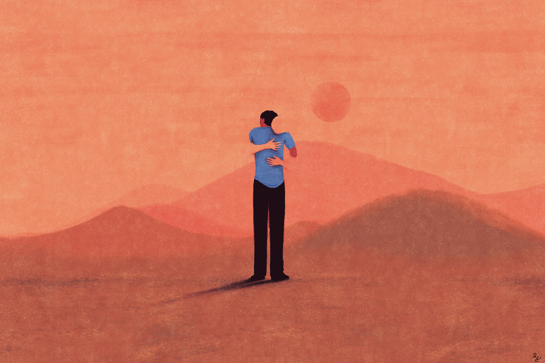 An abstract illustration in which two human figures stand together in embrace in a deserted landscape space with hills or mountains visible in the background. A sun is in the sky. 