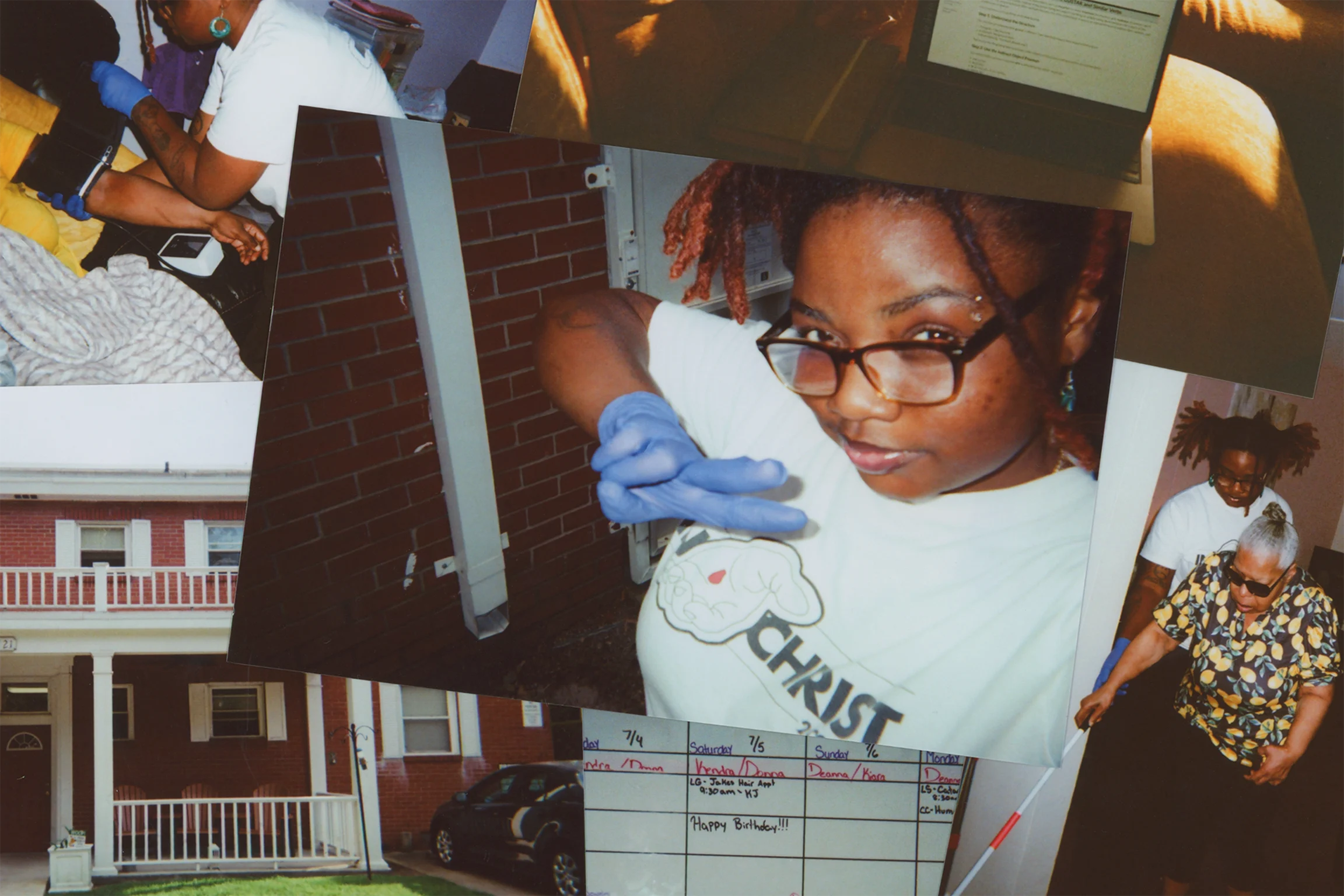 Collage of photographs showing scenes from a college campus including a female student and a university apartment