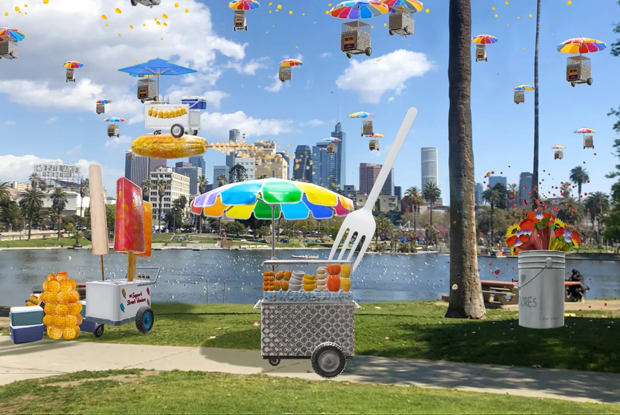 An augmented reality landscape depicts a Los Angeles cityscape and a body of water with flying vendor carts dotting the sky